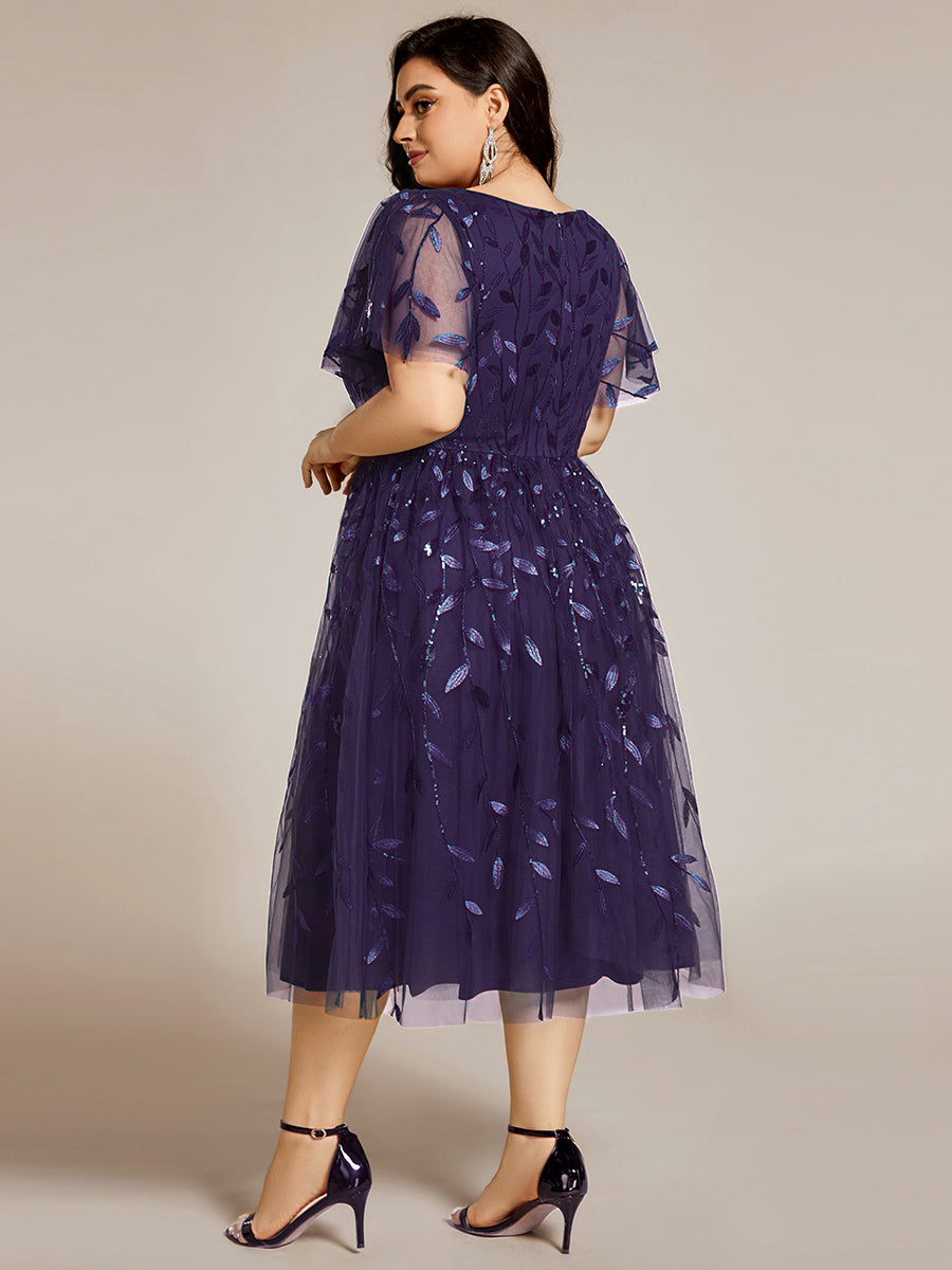 Plus Size Sparkly A-Line Midi Tulle Formal Wedding Guest Dress with Leaf Sequin #color_Dark Purple