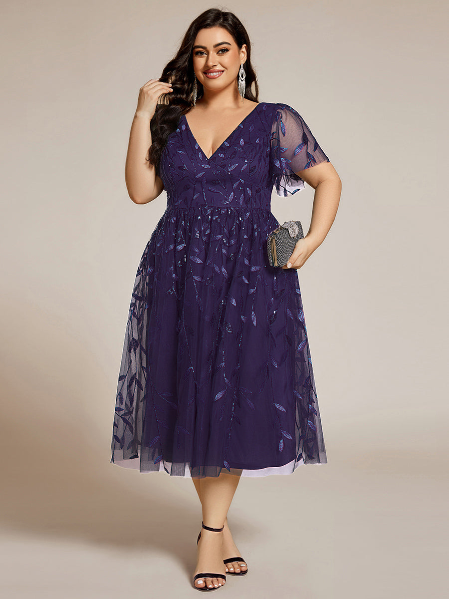 Plus Size Sparkly A-Line Midi Tulle Formal Wedding Guest Dress with Leaf Sequin #color_Dark Purple