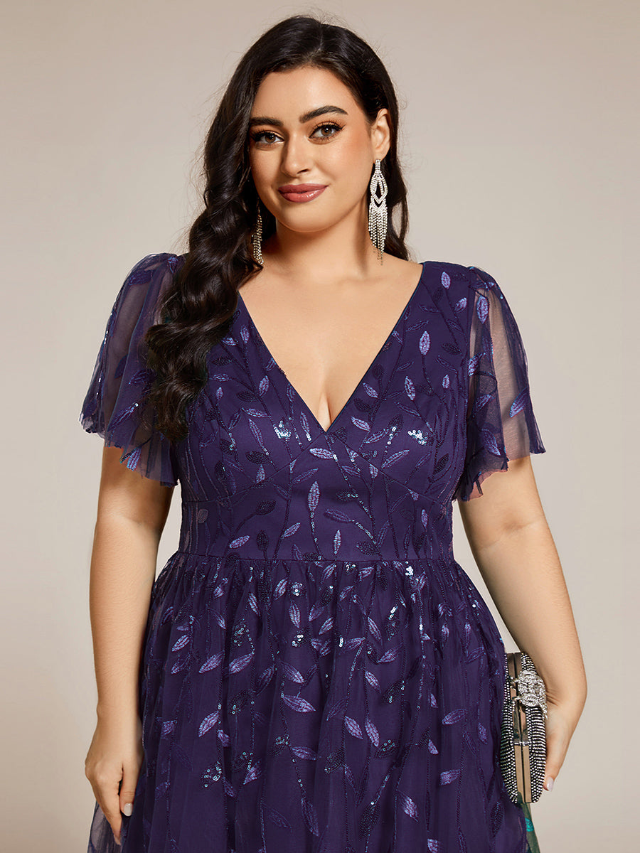 Plus Size Sparkly A-Line Midi Tulle Formal Wedding Guest Dress with Leaf Sequin #color_Dark Purple
