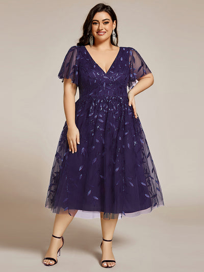 Plus Size Sparkly A-Line Midi Tulle Formal Wedding Guest Dress with Leaf Sequin #color_Dark Purple