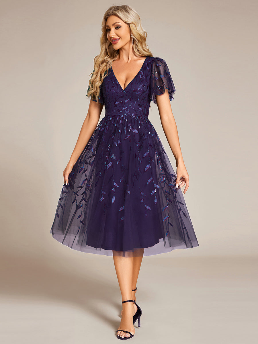 Short Sleeves Leaf Sequin A-Line Midi Formal Wedding Guest Dress #color_Dark Purple