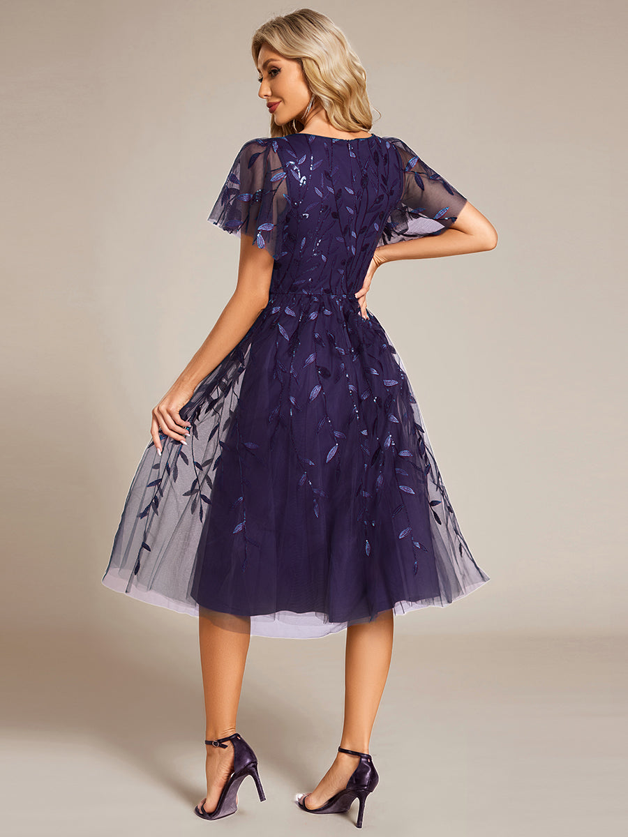 Short Sleeves Leaf Sequin A-Line Midi Formal Wedding Guest Dress #color_Dark Purple