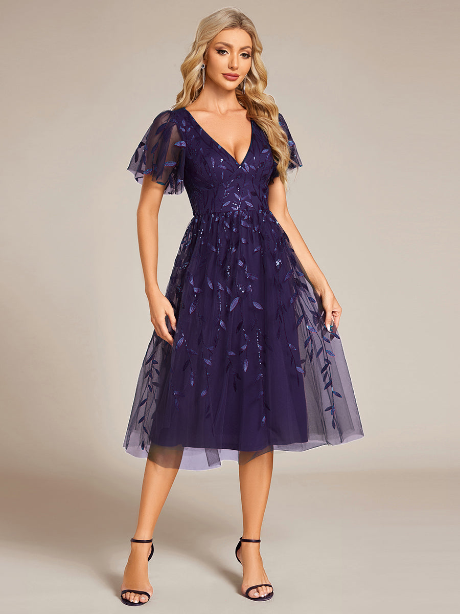 Short Sleeves Leaf Sequin A-Line Midi Formal Wedding Guest Dress #color_Dark Purple