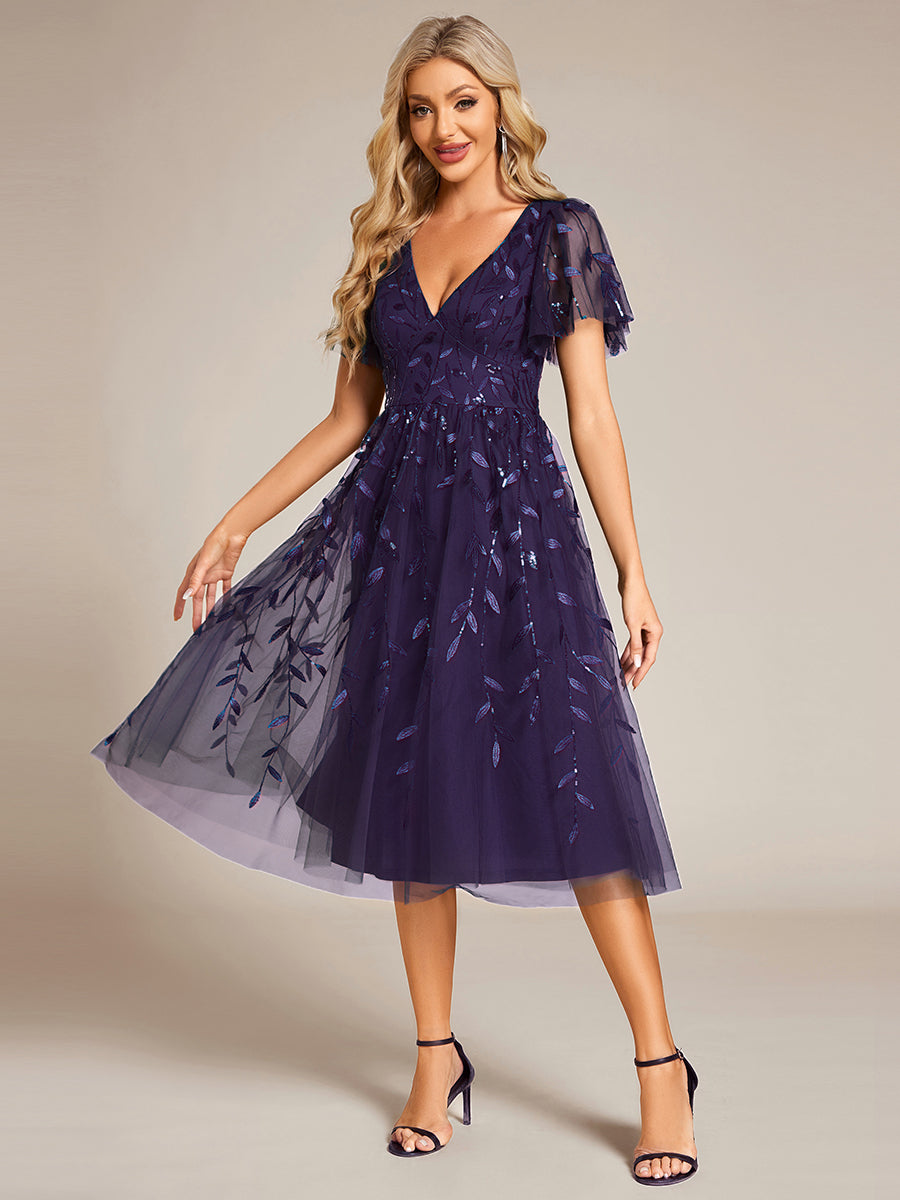 Short Sleeves Leaf Sequin A-Line Midi Formal Wedding Guest Dress #color_Dark Purple