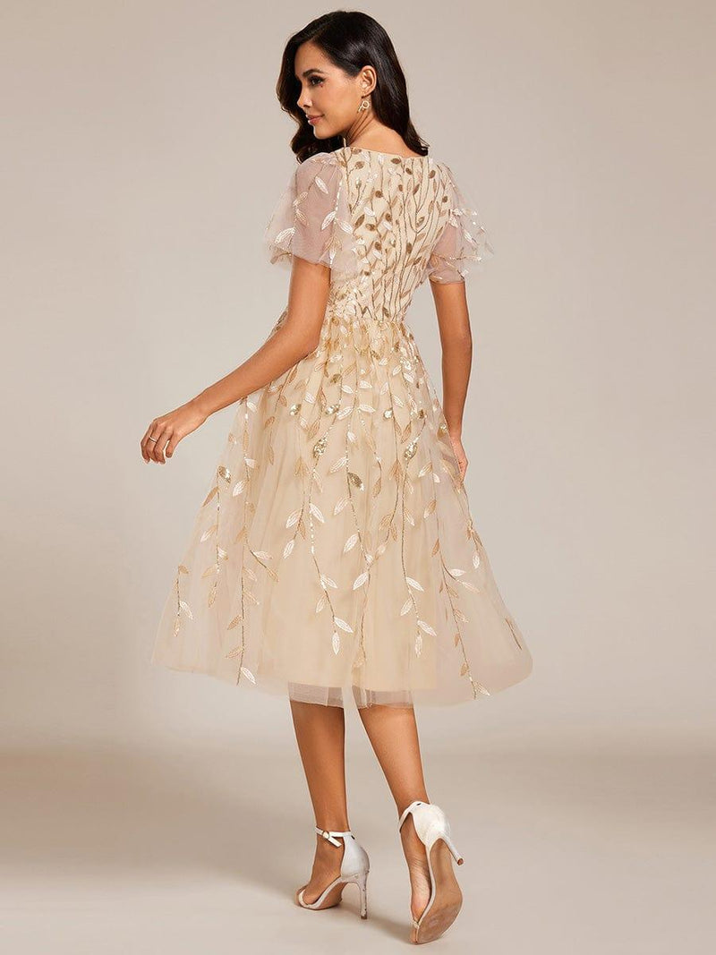 Elegant Short Sleeves Leaf Sequin V-Neck Midi Wedding Guest Dress