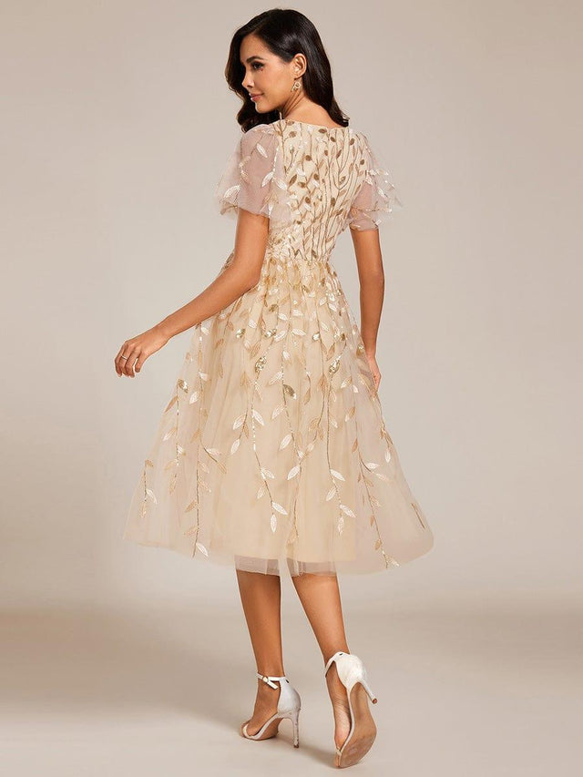 Elegant Short Sleeves Leaf Sequin V-Neck Midi Wedding Guest Dress