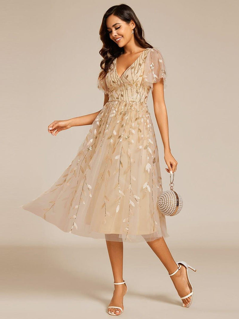 Elegant Short Sleeves Leaf Sequin V-Neck Midi Wedding Guest Dress