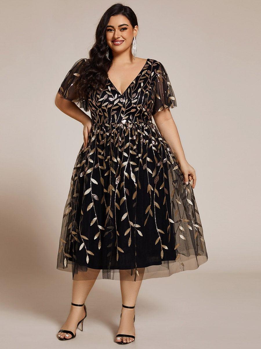 Short Sleeves Leaf Sequin A-Line Midi Formal Wedding Guest Dress #color_Black & Gold