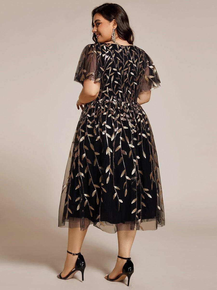 Short Sleeves Leaf Sequin A-Line Midi Formal Wedding Guest Dress #color_Black & Gold