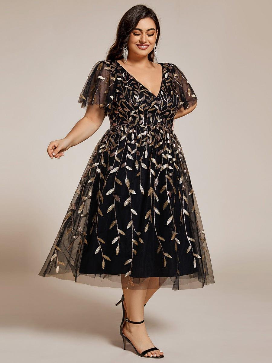 Plus Size Sparkly A-Line Midi Tulle Formal Wedding Guest Dress with Leaf Sequin #color_Black & Gold