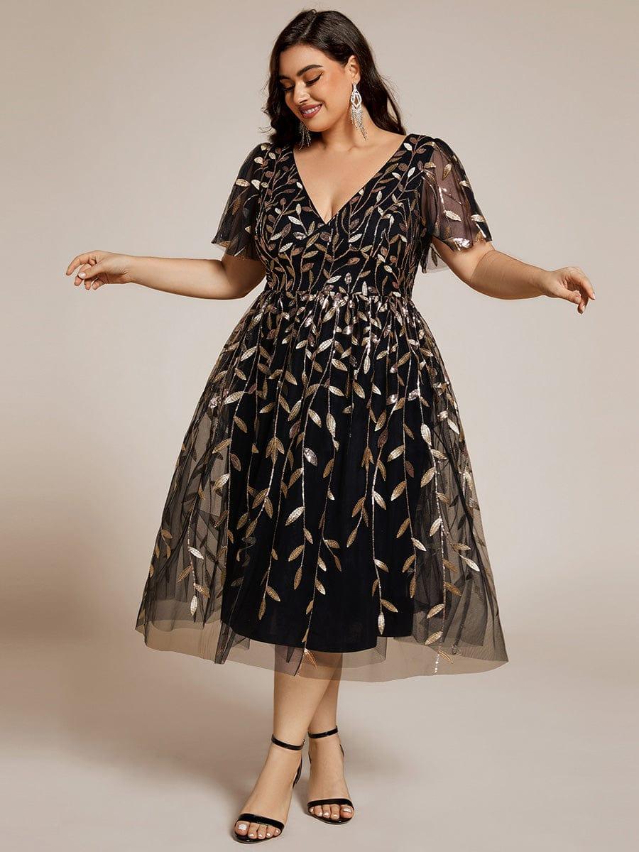 Plus Size Sparkly A-Line Midi Tulle Formal Wedding Guest Dress with Leaf Sequin #color_Black & Gold