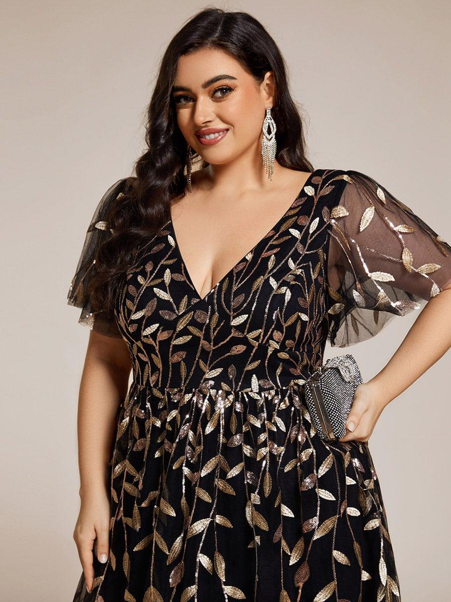 Short Sleeves Leaf Sequin A-Line Midi Formal Wedding Guest Dress #color_Black & Gold