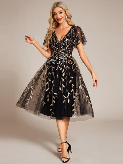 Leaf Sequin Cruise Journey Formal Dress #color_Black & Gold