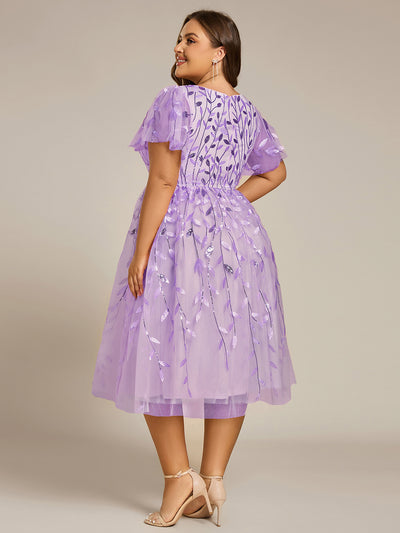 Plus Size Sparkly A-Line Midi Tulle Formal Wedding Guest Dress with Leaf Sequin #color_Lavender