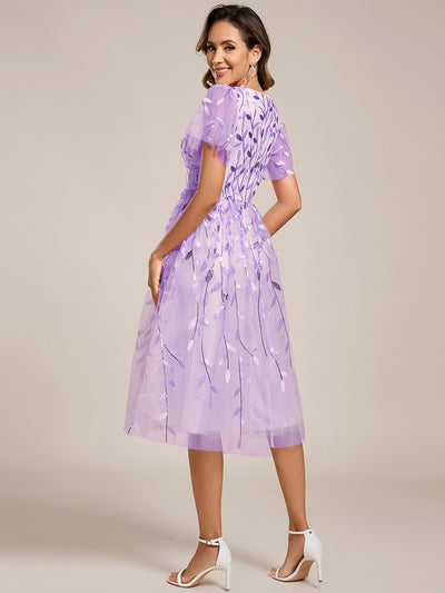Short Sleeves Leaf Sequin A-Line Midi Formal Wedding Guest Dress #color_Lavender