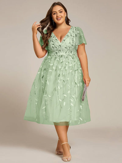Plus Size Sparkly A-Line Midi Tulle Formal Wedding Guest Dress with Leaf Sequin #color_Mint Green