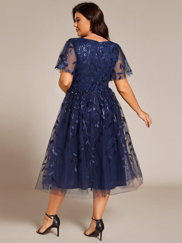 Plus Size Leaf Sequin V-Neck Midi Wedding Guest Dress with Tulle - Ever ...