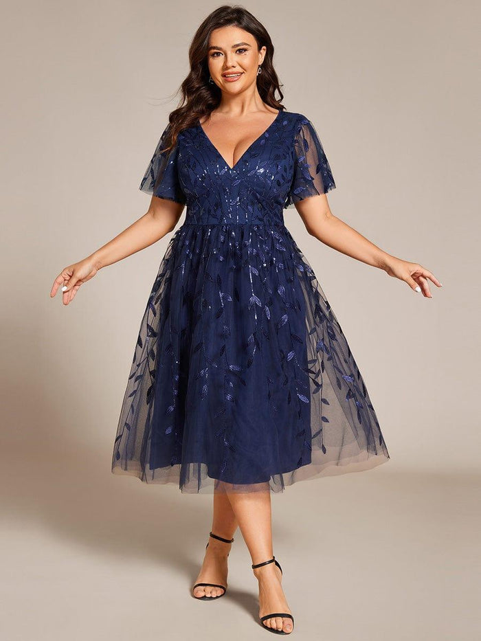 Plus Size Leaf Sequin V-Neck Midi Wedding Guest Dress with Tulle