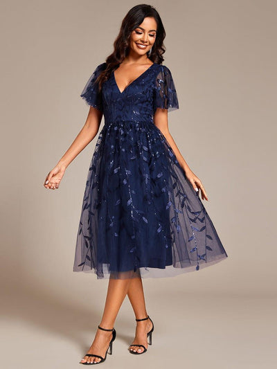 Short Sleeves Leaf Sequin A-Line Midi Formal Wedding Guest Dress #color_Navy Blue