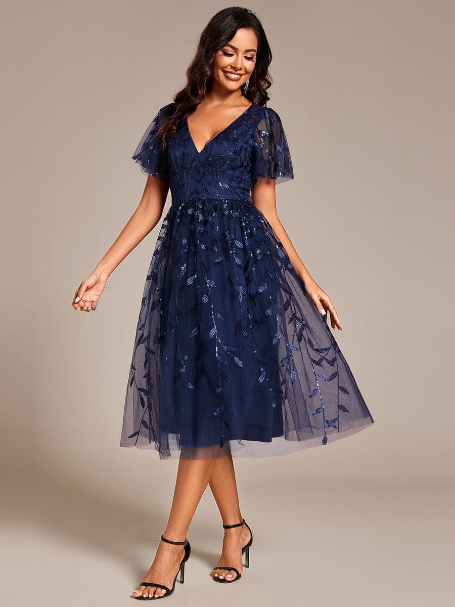 Short Sleeves Leaf Sequin A-Line Midi Formal Wedding Guest Dress #color_Navy Blue