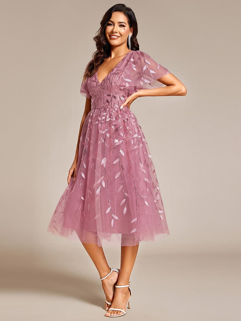 Elegant Short Sleeves Leaf Sequin V-Neck Midi Wedding Guest Dress