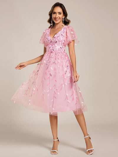 Short Sleeves Leaf Sequin A-Line Midi Formal Wedding Guest Dress #color_Pink