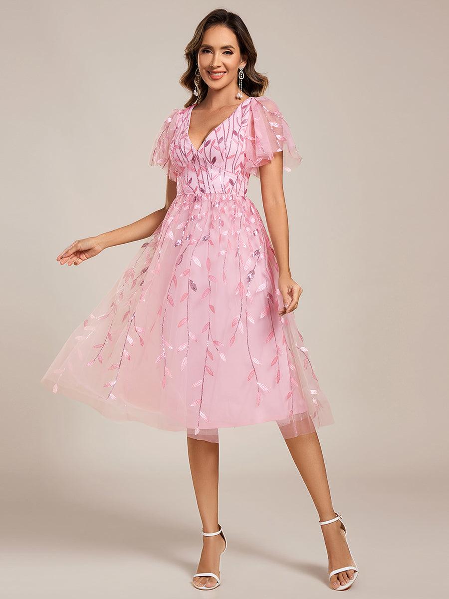 Leaf Sequin V-Neck Midi Bridesmaid Dress #color_Pink