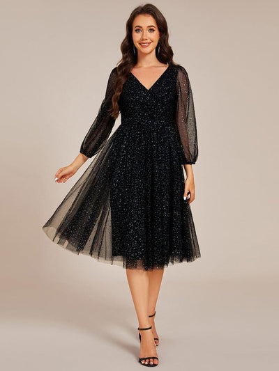 Glittery Long Sleeve V-Neck Midi Wedding Guest Dress #color_Black