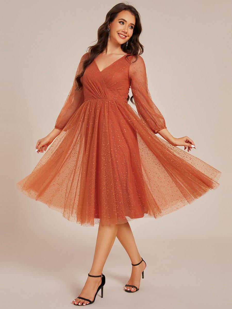 Elegant Glittery V-Neck Long Sleeve Midi Wedding Guest Dress Elegant Glittery V-Neck Long Sleeve Midi Wedding Guest Dress