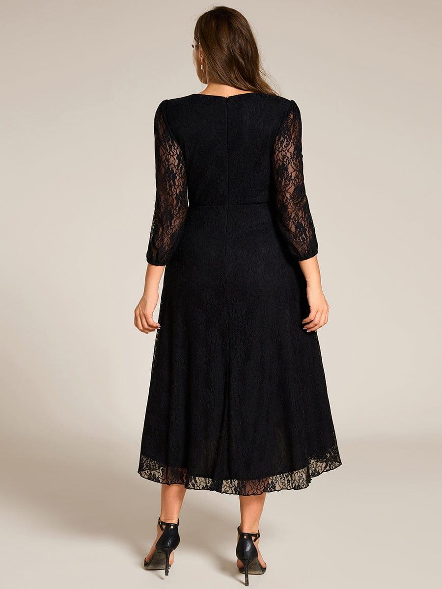 A-Line Long Sleeves Lotus Leaf Midi Lace Wedding Guest Dress
