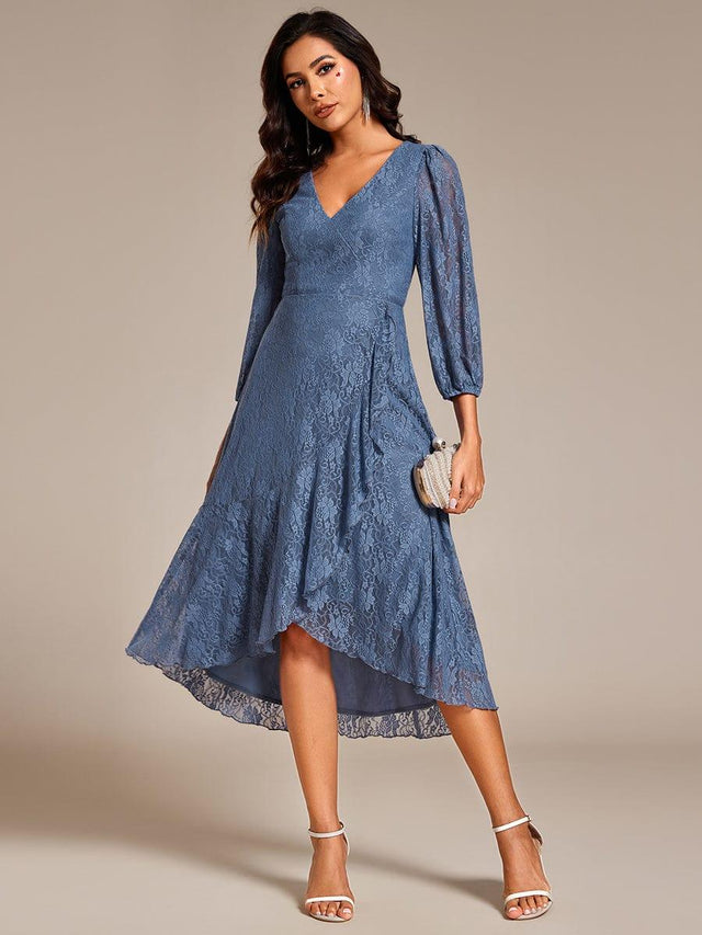 A-Line Long Sleeves Lotus Leaf Midi Lace Wedding Guest Dress