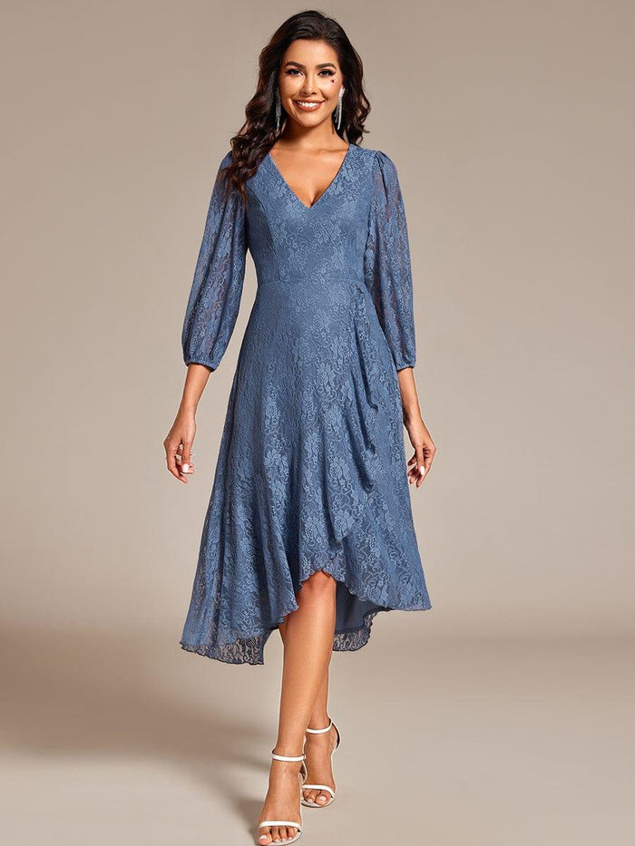 A-Line Long Sleeves Lotus Leaf Midi Lace Wedding Guest Dress