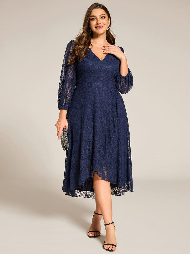 A-Line Long Sleeves Lotus Leaf Midi Lace Wedding Guest Dress