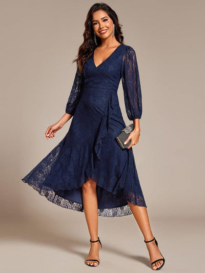 Elegant Lace A-Line Long Sleeves Midi Wedding Guest Dress #color_Navy Blue