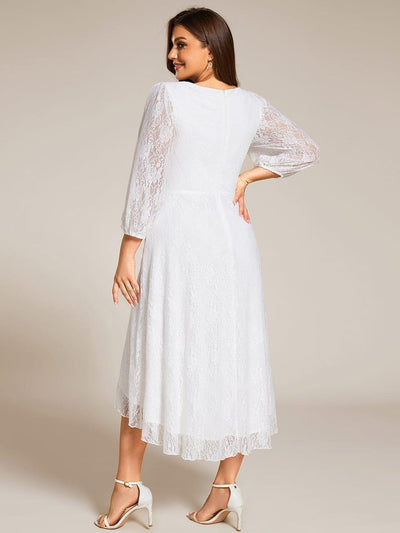 Plus Size Midi Long Lantern Sleeves V-Neck Lace Wedding Guest Dress #color_White