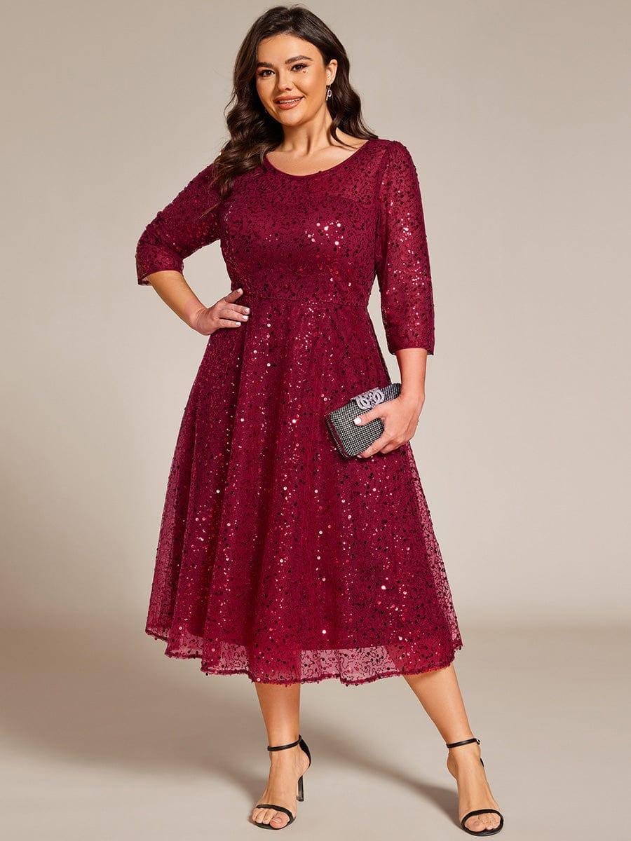 Plus Size 3/4 Sleeve Midi Round Neck A-Line Sequin Wedding Guest Dress #color_Burgundy