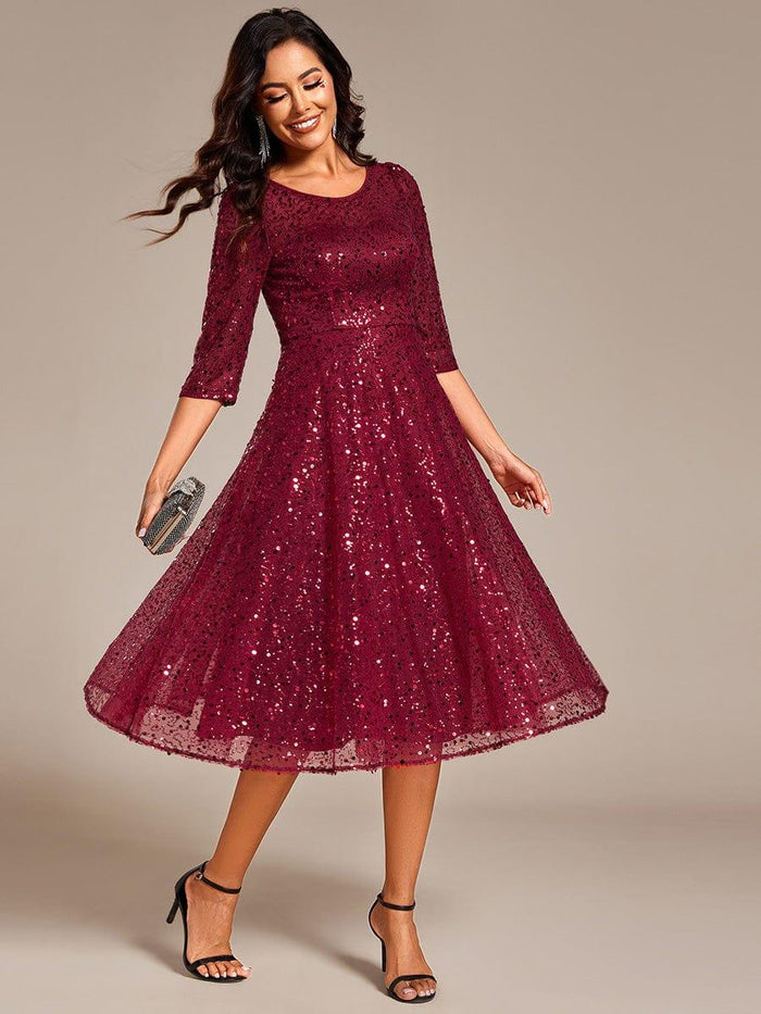 3/4 Sleeve A-Line Sequin Round Neck Midi Dress for Wedding Guest Dress