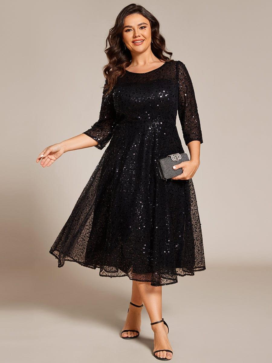Plus Size A-Line Sequin Midi Dress with 3/4 Sleeve for Wedding Guest