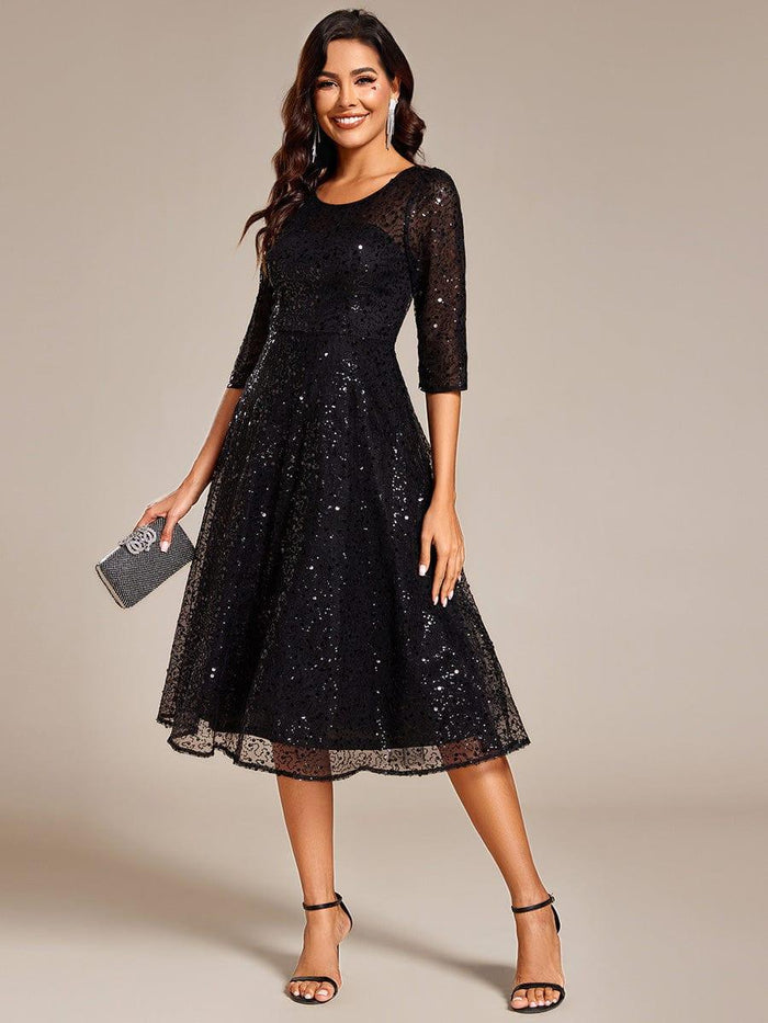 3/4 Sleeve A-Line Sequin Round Neck Midi Dress for Wedding Guest Dress