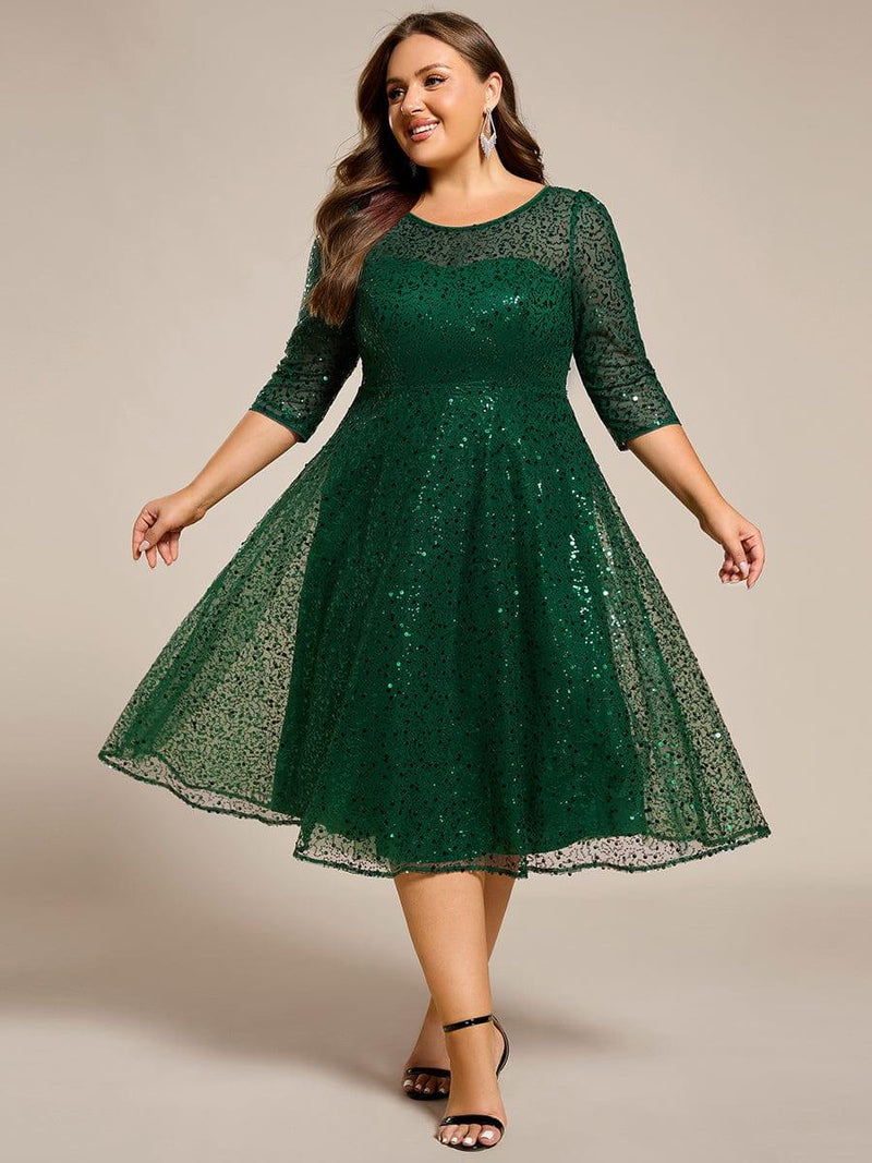 Plus Size A-Line Sequin Midi Dress with 3/4 Sleeve for Wedding Guest