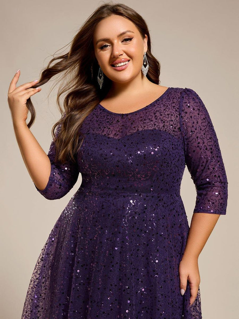 Plus Size A-Line Sequin Midi Dress with 3/4 Sleeve for Wedding Guest