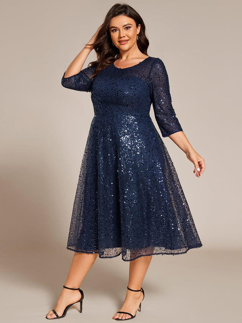 Plus Size A-Line Sequin Midi Dress with 3/4 Sleeve for Wedding Guest