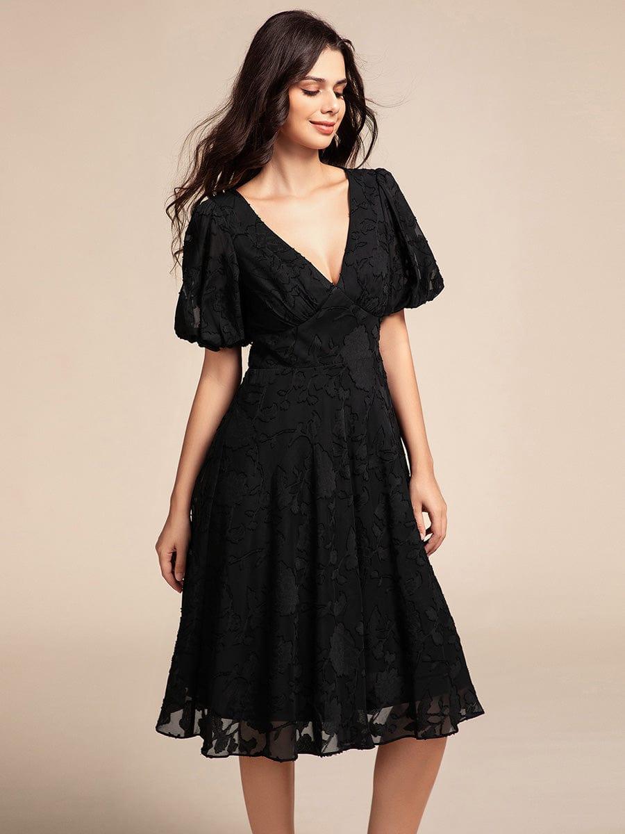 v-neck black dress with sleeves ever DANI|Puff Sleeve Midi Wedding Guest Guerlain La Petite Robe Ramadan party Triple chevrons on sleeve:No charcoal — makes it