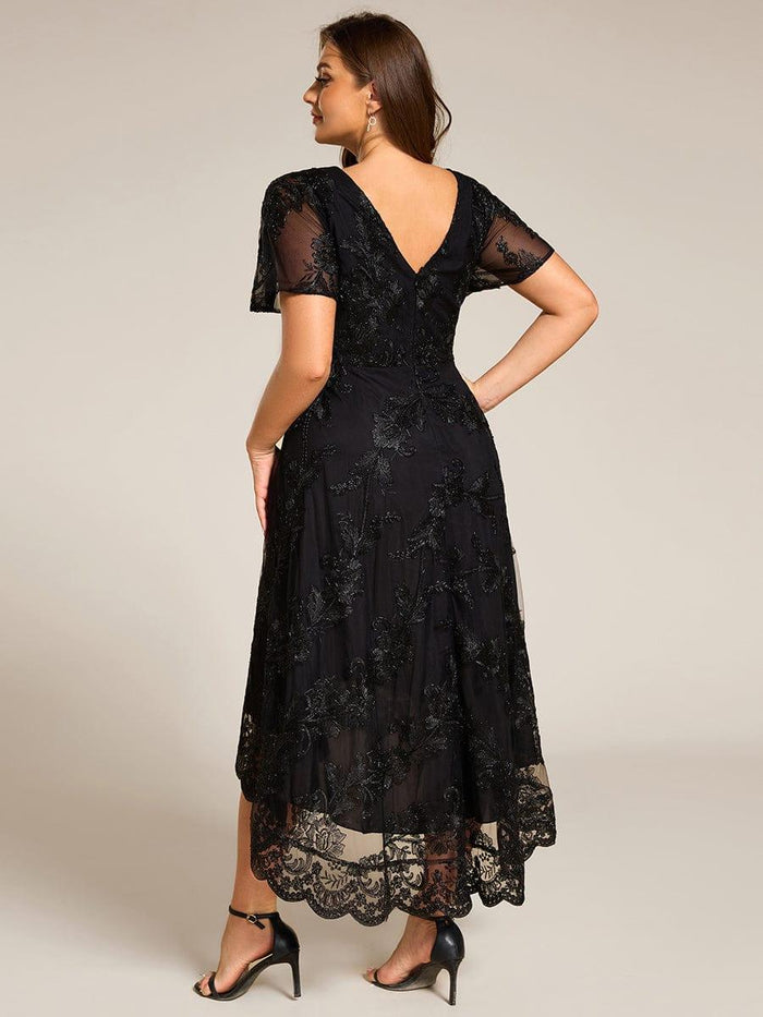 Plus Size Embroidered Mesh A-Line Asymmetrical Hem Midi Wedding Guest ...