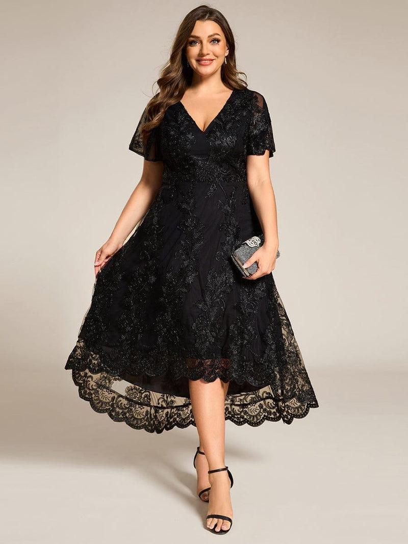 Plus Size Embroidered Mesh A-Line Asymmetrical Hem Midi Wedding Guest