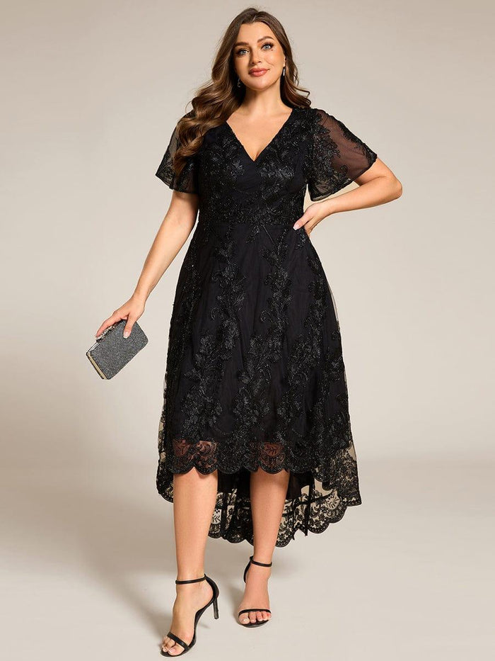Plus Size Embroidered Mesh A-Line Asymmetrical Hem Midi Wedding Guest ...