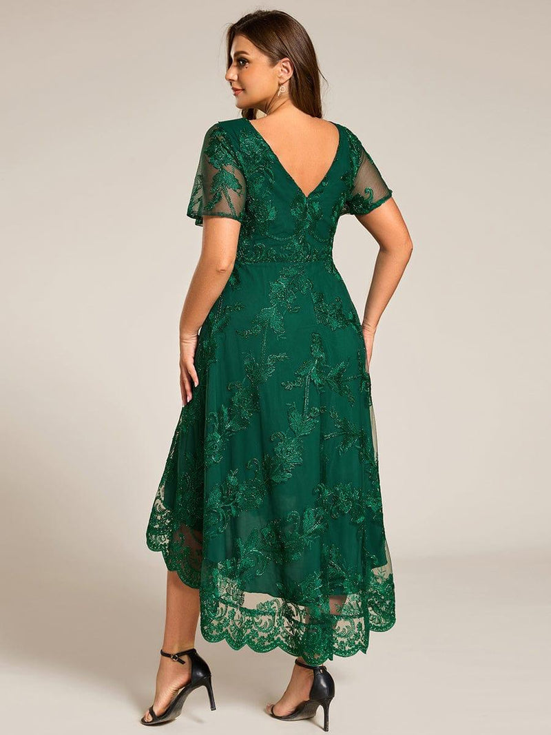 Elegant Short Sleeves Embroidered Mesh A-Line Midi Wedding Guest Dress