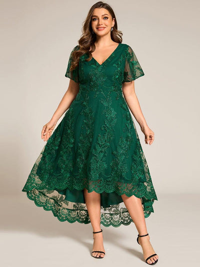 Plus Size Embroidered Mesh A-Line Asymmetrical Hem Midi Wedding Guest ...