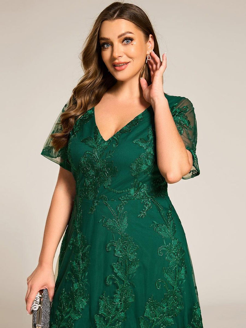 Plus Size Embroidered Mesh A-Line Asymmetrical Hem Midi Wedding Guest ...