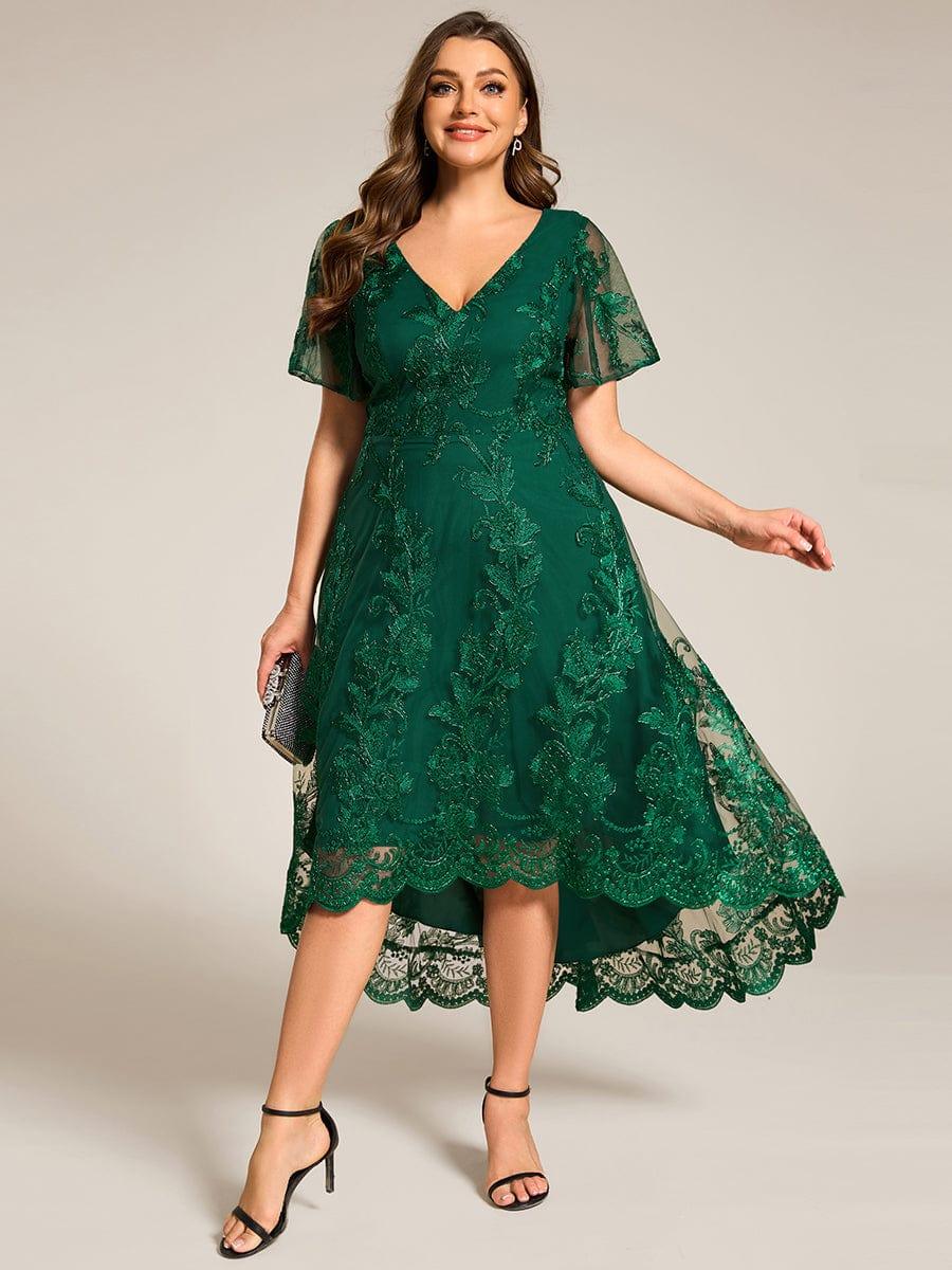 Plus Size Embroidered Mesh A-Line Asymmetrical Hem Midi Wedding Guest